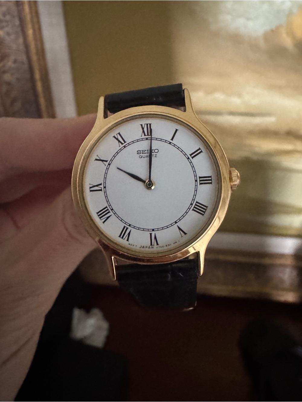 Seiko Classic Gold-Tone Quartz Dress Watch with Black Leather Strap
